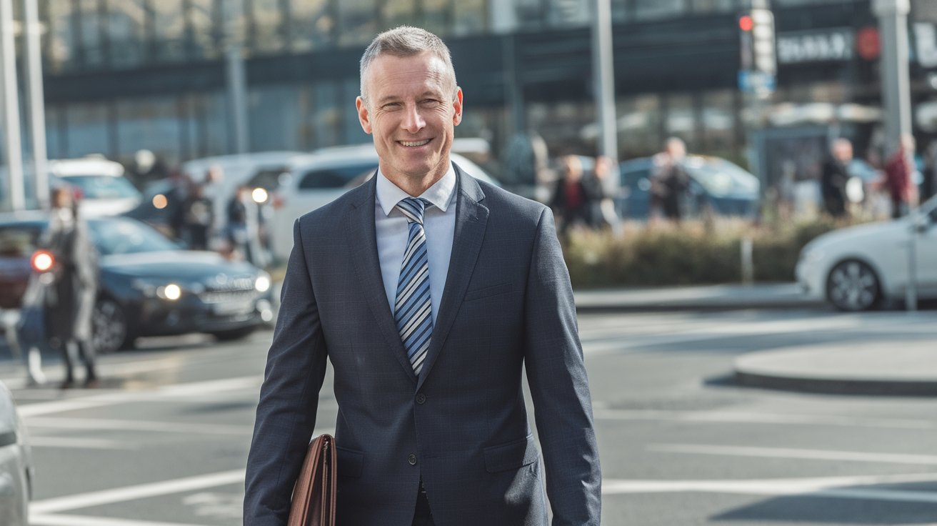 A photo of a middle-aged lawyer standing outside, wearing a suit and a tie. He has short grey hair and is smiling. He is holding a briefcase. The background is a busy street with cars and people. The lighting is bright.