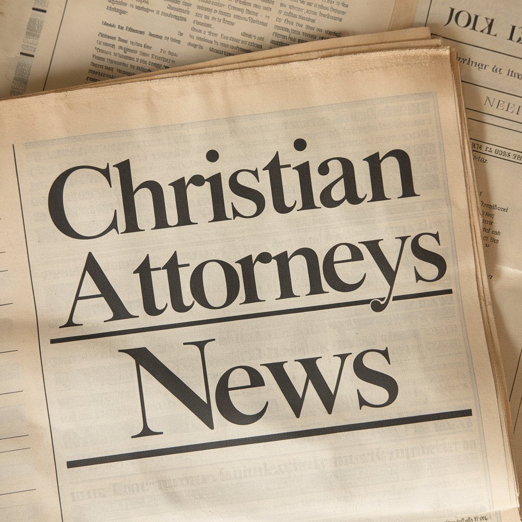 A photo of a newspaper headline that says "Christian Attorneys News". The newspaper itself is old and worn out, with yellowing pages. There is a date in the top right corner, but it is faded and difficult to read.