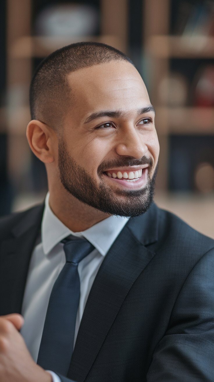 A photo of a trustworthy looking smiling attorney with a beard. He is wearing a suit and a tie. He has short hair. The attorney is looking to the left. The background is blurred and contains bookshelves.