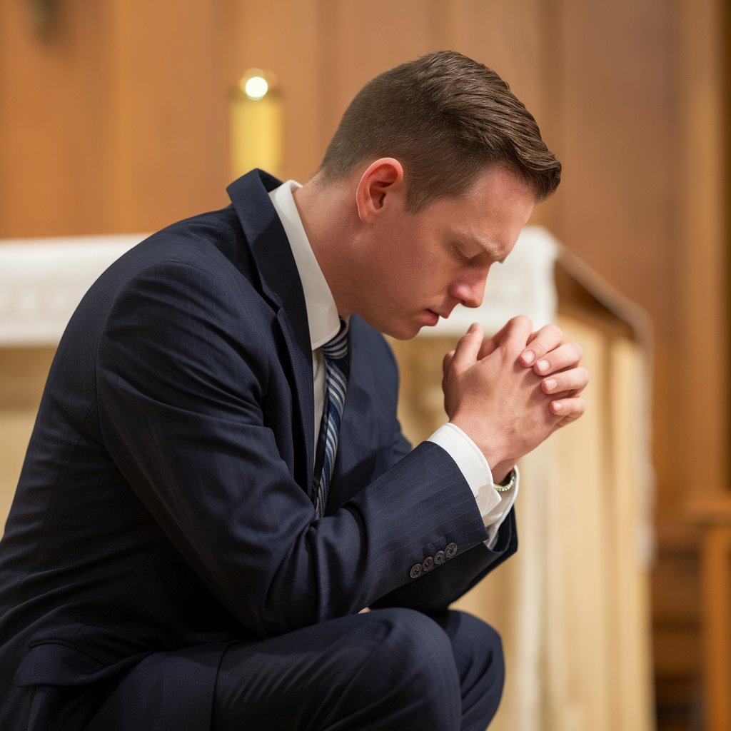 A photo of an attorney praying. He is dressed in a suit and tie and is kneeling in a church. The background is a wooden altar. The lighting is soft.