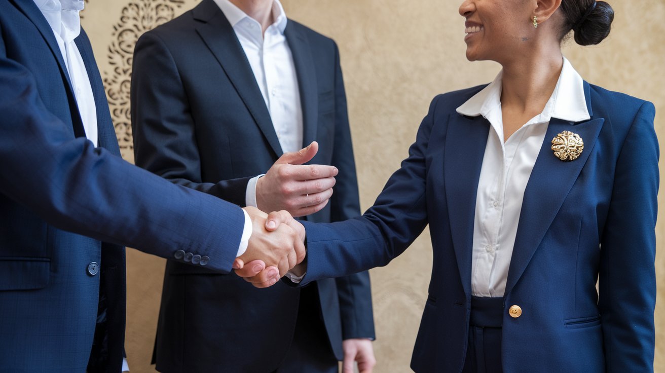 A photo of attorneys shaking a client's hand. The client is a woman wearing a blue suit and a white shirt with a gold brooch pin on her lapel. She has her hair in a bun. The attorneys are wearing dark suits and white shirts. Their faces are not visible. The background is a beige wall with a decorative pattern.