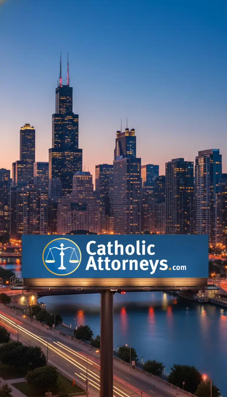 an image of CatholicAttrorneys.com logo on a billboard in Chicago.